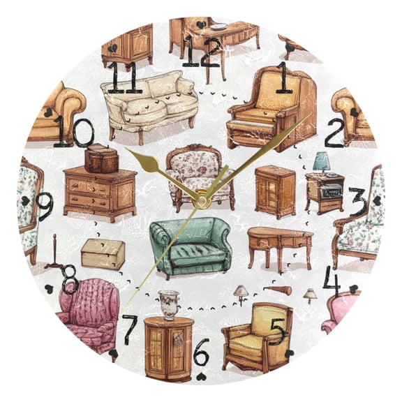 Vintage Furniture Patterns Round Wall Clock Silent Battery Operated Home Decor for Living Room Bedroom