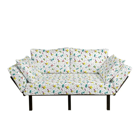 Vintage Futon Couch, 80's Fashion Style Retro Geometrical Doodle Funky Lines Circles Triangles, Daybed with Metal Frame Upholstered Sofa for Living Dorm, Loveseat, Multicolor, by Ambesonne