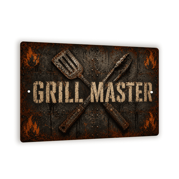 Vintage "GRILL MASTER" Metal Sign - Industrial Rust Outdoor Grill Wall Decor - 8"x 12" BBQ Wall Art For Backyard Grillers And BBQ Dads