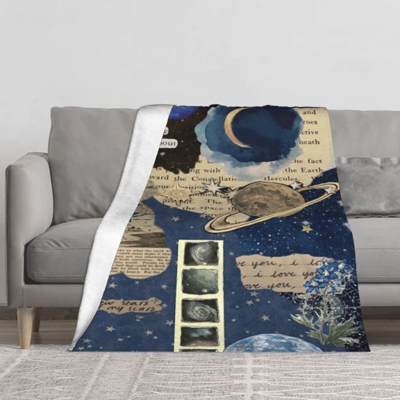 Vintage Galaxy Aesthetic Flannel Blanket 280GSM Soft Fleece Throw for Couch Sofa Bedroom, Celestial Moon Star Planet Collage Art Decor, Cozy Lightweight Plush Blanket for Adult Kids