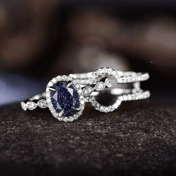 Vintage Galaxy Ring Set- Oval Blue Sandstone Engagement Ring Set in 925 Sterling Silver- Diamond Curved Ring Enhancer