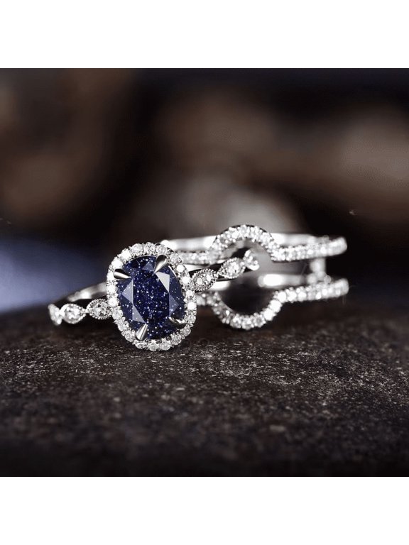 Vintage Galaxy Ring Set- Oval Blue Sandstone Engagement Ring Set in 925 Sterling Silver- Diamond Curved Ring Enhancer