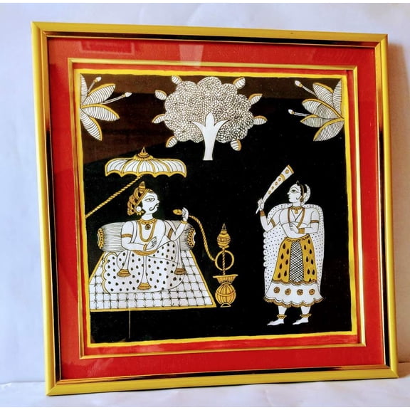 Vintage Gallery Classic Handmade Phad Fad Painting Single Fad Painting of King and Queen Taking Hookah in Garden