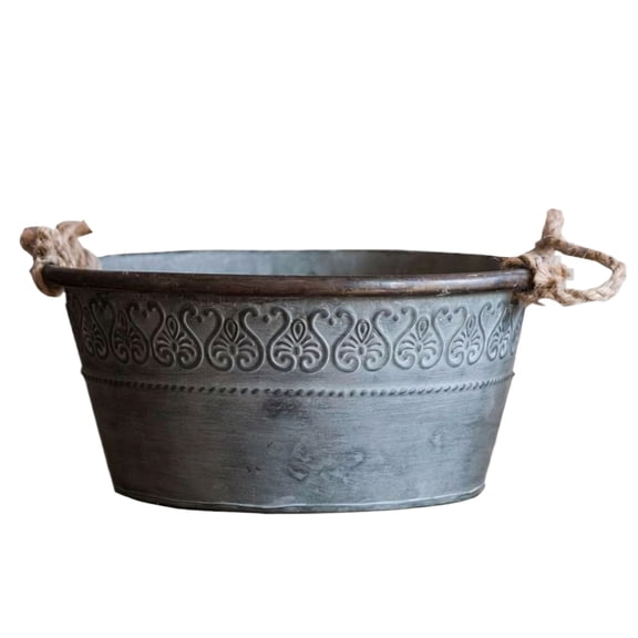 Vintage Galvanized Metal Basin Planter, Rustic Iron Flower Pot with Rope Handles, Farmhouse Garden Home Decor Storage Bowl