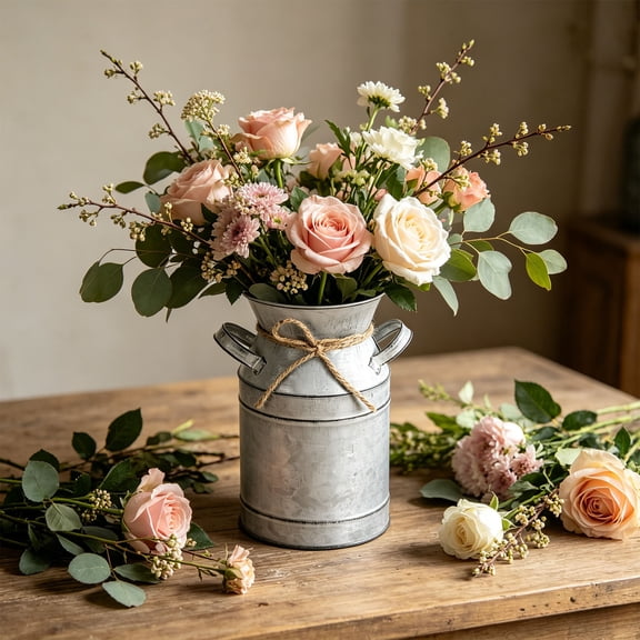 Vintage Galvanized Metal Milk Can Vase, Farmhouse Style Rustic Table Decor, French Country Floral Arrangement Container for Home Living Room & Outdoor Decor