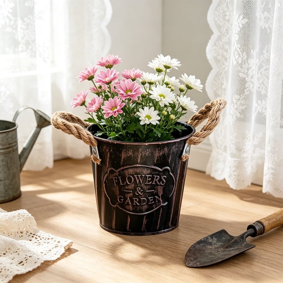 Vintage Galvanized Metal Planter with Jute Rope Handles, Vertical Ribbed Farmhouse Hanging Bucket, Rustic Iron Flower Pot for Indoor Outdoor Greenerys Herbs Home Garden Porch Decor