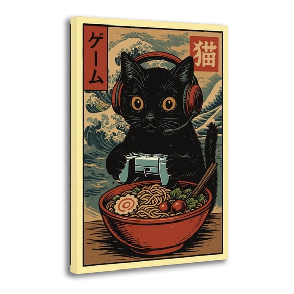 Vintage Gamer Cat Ramen Bowl Japanese Retro Picture Print Wall Art Poster Painting Canvas Posters Artworks Gift Room Aesthetic 12x18inch(30x45cm)