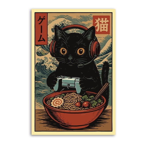 Vintage Gamer Cat Ramen Bowl Japanese Retro Posters Art Print Wall Photo Paint Poster Hanging Picture Family Bedroom Decor Gift 12x18inch(30x45cm)