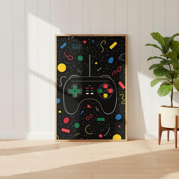 Vintage Gaming Controller Pattern Poster, Retro Arcade Decor, Dark Room, Classic Console Art, Quirky Neon Graphic Art, Poster Only