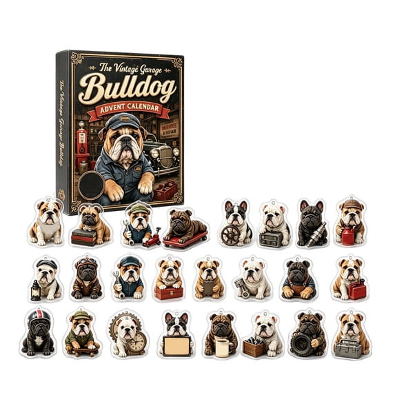 Vintage Garage Bulldog Advent Calendar 2026, 24-Day Countdown Calendar, Vintage Garage Bulldog 2D Home Decor, Christmas Gifts Surprise Blind Box for Dog Lovers, Christmas Decorations for Xmas Tree