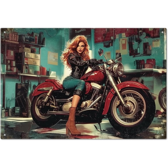 Vintage Garage Motorcycle Lady Metal Tin Sign 8x12inch Vintage Cool Pin Up Lady Art Plaque Poster Wall Decor for Home Bars Clubs Garage Motorbike Lover Gifts