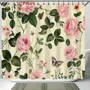 Vintage Garden Bliss Bathroom Curtain Set Elegant Butterfly & Rose Design Cream Background Green Leaves Hyper Realistic Floral Decor