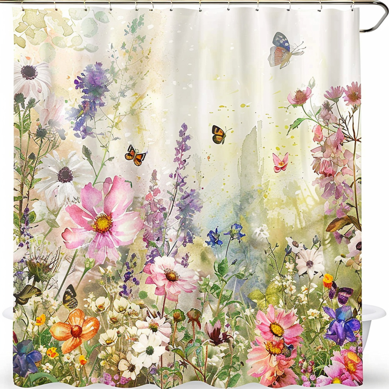 Vintage Garden Delight Shower Curtain Set Watercolor Flowers