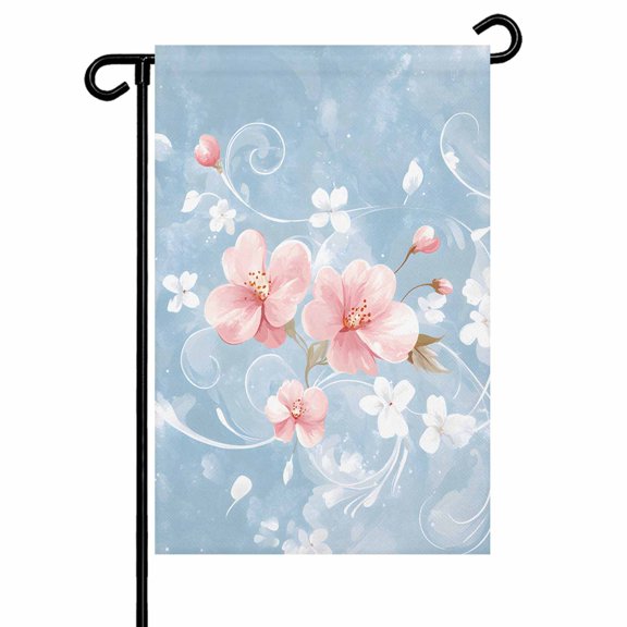 Vintage Garden Flag 12x18 Inch Pink Lovely Flowers Flora Blue Background Double Sided Small Decorative Garden Flags for Outside, Outdoor Yard Porch Lawn Decoration