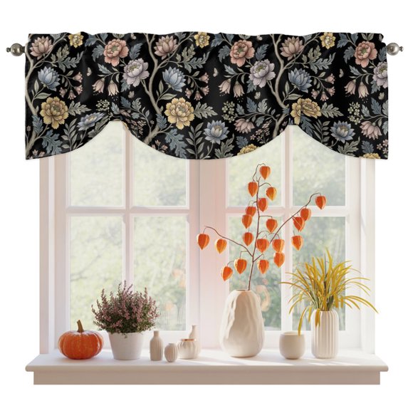 Vintage Garden Flower Tie Up Valance Curtains for Windows, Kitchen Curtains Window Treatments, Rustic Floral Leaf Pastoral Black Short Window Shades Valances for Bedroom Bathroom Cafe 42"x18"
