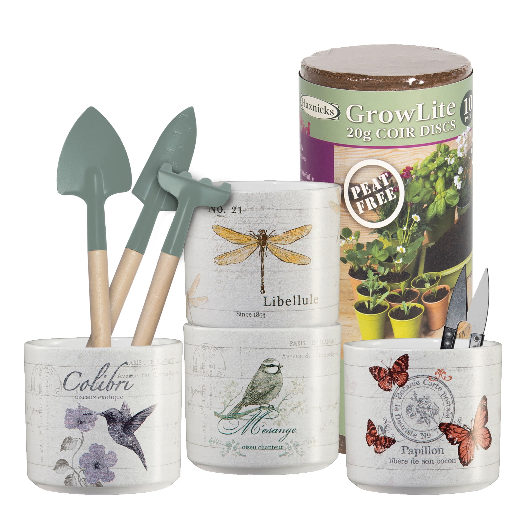 Vintage Garden Kit with Pots & Tools – Nature-Print Ceramic Planters Indoor Gardening Starter Set