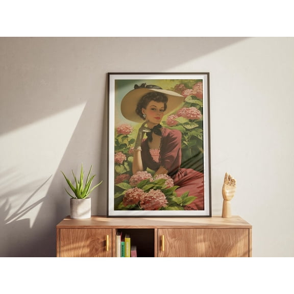 Vintage Garden Lady Print, Elegant Woman With Hydrangeas, Retro Style Wall Art For Classic Home Or Studio Home Decor #2503, 16x24 UNFRAMED