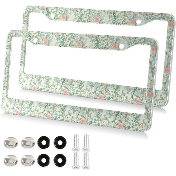Vintage Garden License Plate Frame - 2 Pack Universal Stainless Steel License Plate Holder with Screws & Chrome Caps, 2 Holes Car License Plate Cover for US Vehicles Home Decor