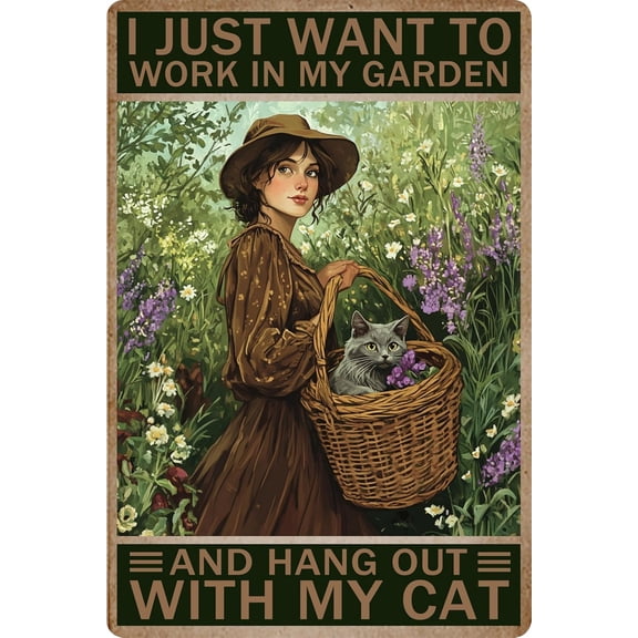 Vintage Garden Metal Sign with Cat and Floral Design Aluminum Wall Art Decor for Home Office Outdoor 8x12 Inch Rustic Hanging Plaque Gardening Lover Gift Idea