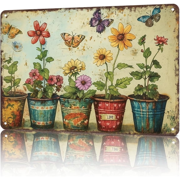 Vintage Garden Metal Tin Sign Wall Art With Butterflies and Flowers, Aluminum, 8 x 12 Inch, for Home, Bedroom, Living Room, Office Decor