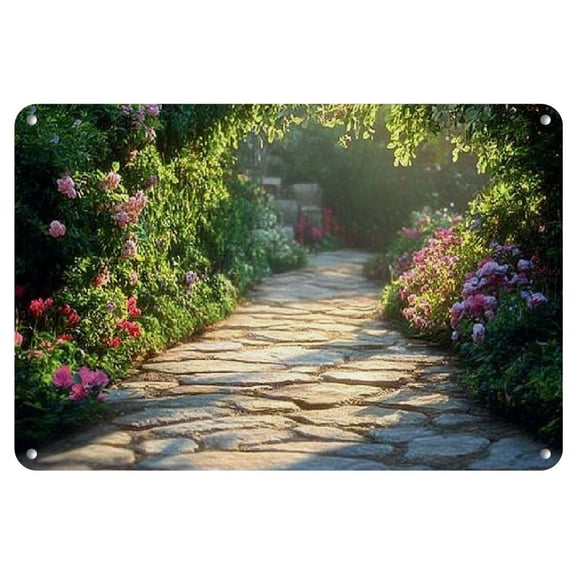 Vintage Garden Pathway Iron Wall Art - 12x8 Inch, Anti-Bend Metal Tin Sign with Serene Floral Design - Perfect for Home, Living Room, Bedroom, Garden, Dining, Bar, Cafe & Festival Decor