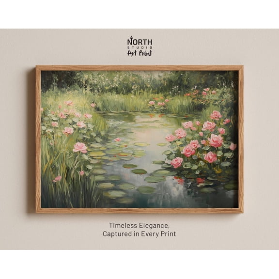Vintage Garden Pond Print, Botanical Landscape, Impressionist Nature Art, Elegant Sage Green Wall Decor Wall Art, Modern Wall Decor, 24x36 UNFRAMED