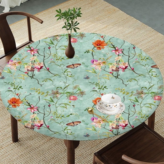 Vintage Garden Round Tablecloth – Fitted Circle Table Cover with Elastic Edge, Waterproof & Washable Polyester Table Cloth for 35" to 42" Indoor/Outdoor Tables