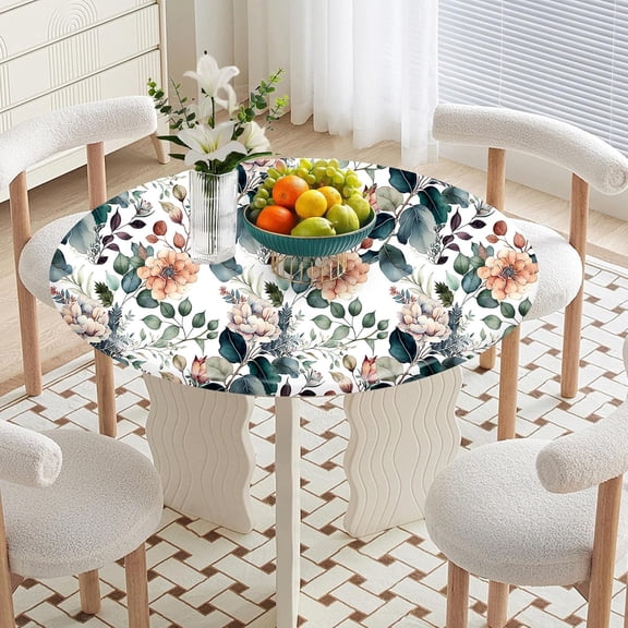 Vintage Garden Round Tablecloth – Fitted Circle Table Cover with Elastic Edge, Waterproof & Washable Polyester Table Cloth for 36" to 44" Indoor/Outdoor Tables