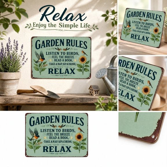 Vintage Garden Rules Metal Sign, Rustic Farmhouse Wall Art Decor, Retro Tin Plaque with Relax Quote, Durable Home Patio Garden Office Decoration