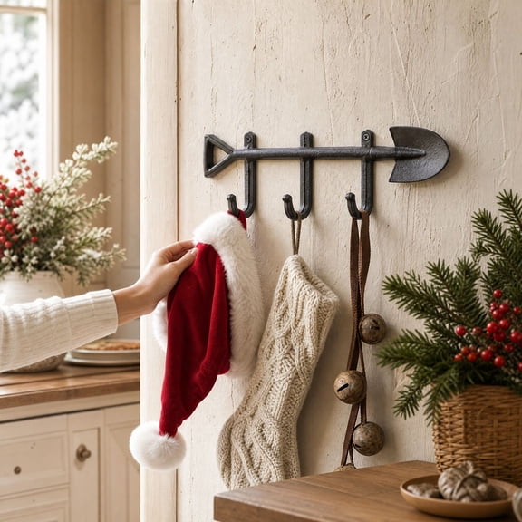Vintage Garden Shovel Fork Wall Hooks, Cast Iron 3-Hook Wall Mounted Rack, Decorative Coat Key Towel Hanger for Entryway, Mudroom, Garage, Shed, Patio