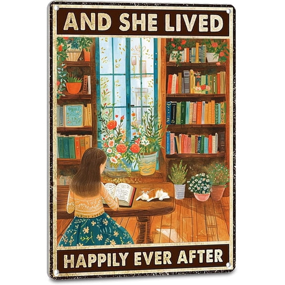Vintage Garden Signs Reading Poster for Home Living Room Wall Art Decor Aesthetic - And She Lived Happily Ever After, Cottagecore Tin Sign 8X12 Inches