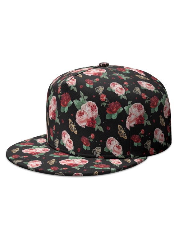 Vintage Garden Snapback Hat – Romantic Rose Flat Visor Cap, Retro Aesthetic