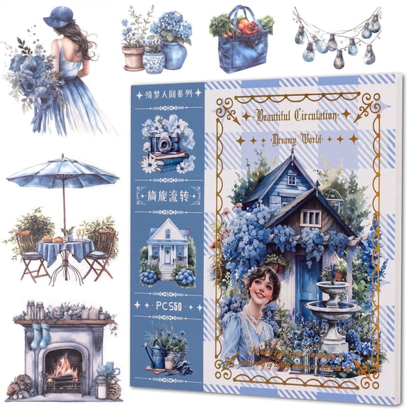 Vintage Garden Sticker Book for Scrapbooking, 50 Sheets Washi Paper Journaling Supplies, Retro Floral & Lady Decals for Junk Journal & Planner (5.9" x 5.7")