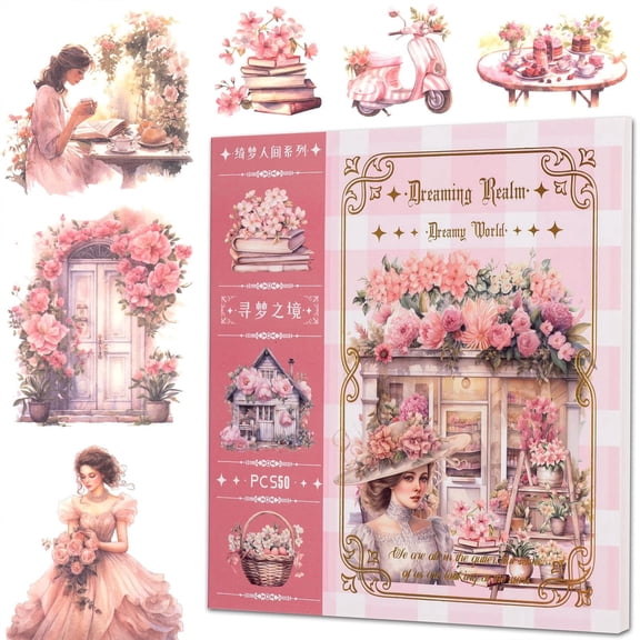 Vintage Garden Sticker Book for Scrapbooking, 50 Sheets Washi Paper Journaling Supplies, Retro Floral & Lady Decals for Junk Journal & Planner (5.9" x 5.7")