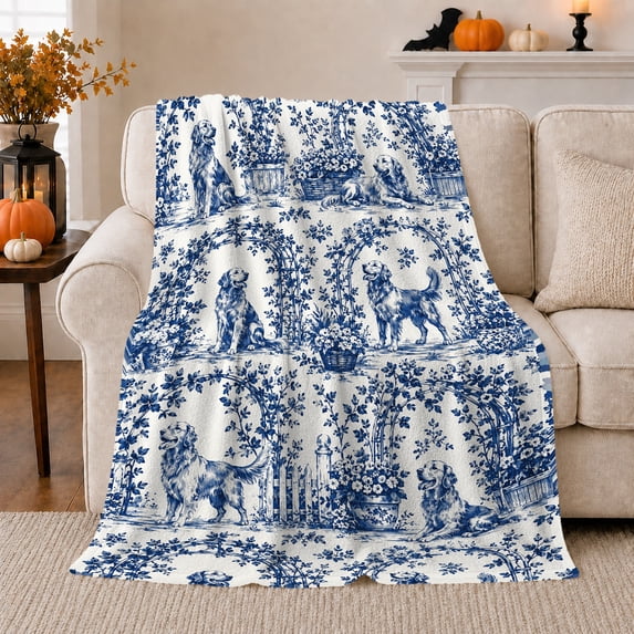 Vintage Garden Toile Dog Illustration, Peaceful Pet Portrait Pattern, Warm Flannel Blanket for Living Room and Bedroom, Dog Lovers Just Because Gift, Pet Lover Home Decor