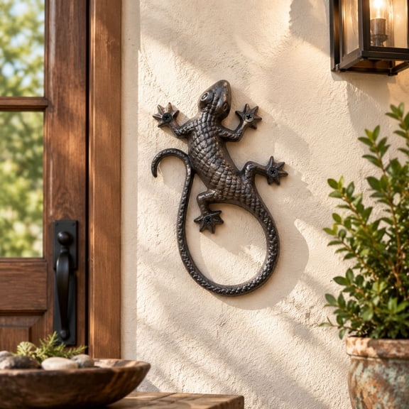 Vintage Garden Wall Decor, Cast Iron Lizard Hanging Ornament with Realistic Textured Details and Mounting Screws, Rustic Metal Wall Art for Porch, Fence, Patio and Outdoor Garden Displays