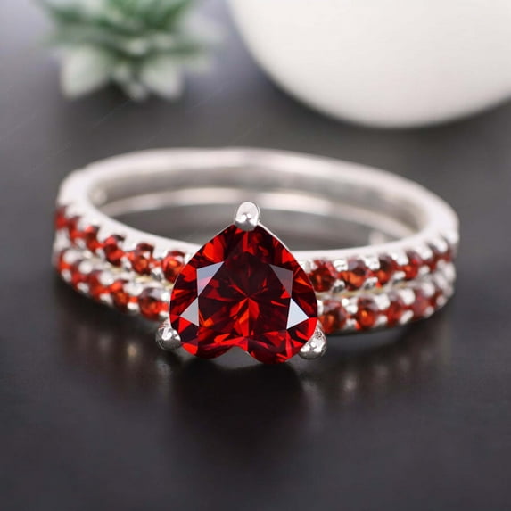 Vintage Garnet Bridal Wedding Ring Set January Birthstone Proposal Ring Set Half Eternity Promise Band Anniversary Gift For Wife