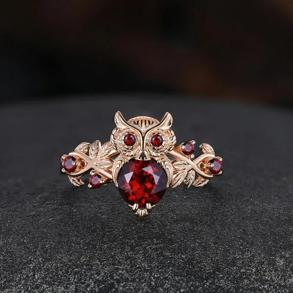 Vintage Garnet Engagement Ring – Unique Owl Design Cluster Ring in 14K Rose Gold Vermeil – Nature-Inspired Minimalist Jewelry