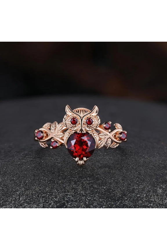 Vintage Garnet Engagement Ring – Unique Owl Design Cluster Ring in 14K Rose Gold Vermeil – Nature-Inspired Minimalist Jewelry