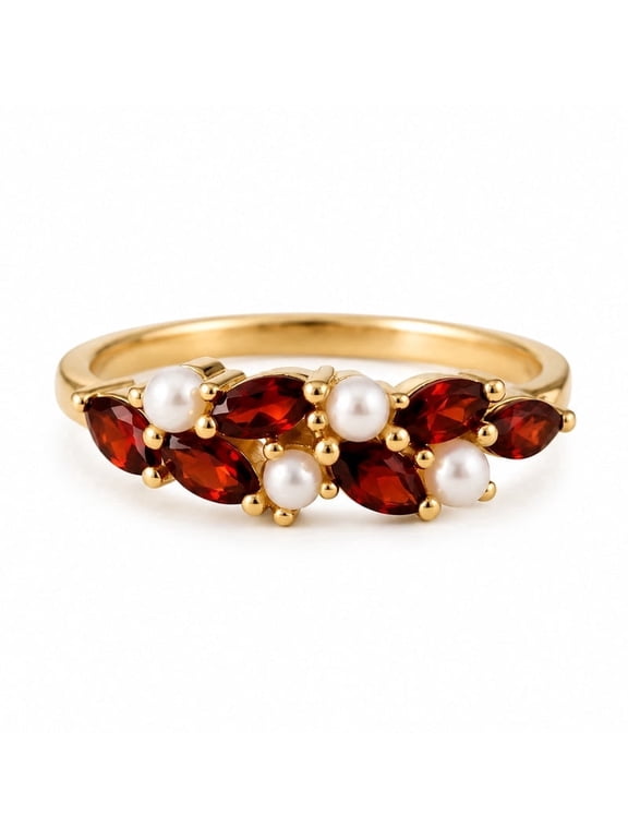 Vintage Garnet and Pearl Ring, Marquise Red Gemstone Cluster Band, Art Deco Floral Promise Ring, Minimalist Anniversary Gift for Her, Dainty Boho Ring
