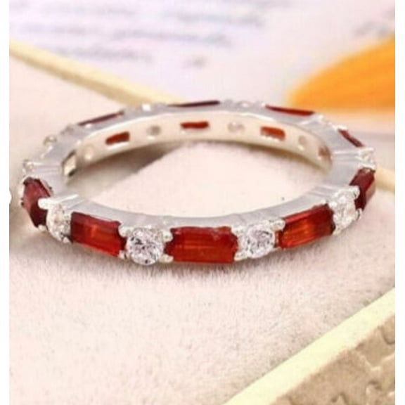 Vintage Garnet Ring,Baguette Garnet Wedding Band,Art Deco Full Eternity Stacking Band,January Birthstone Ring,Gemstone Band,Anniversary Gift