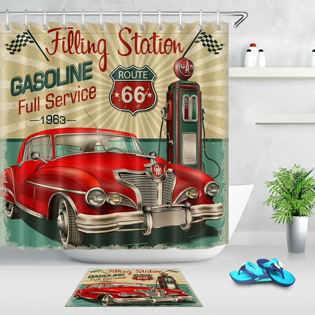 Vintage Gas Station Car Shower Curtain Set Transform Your Bathroom