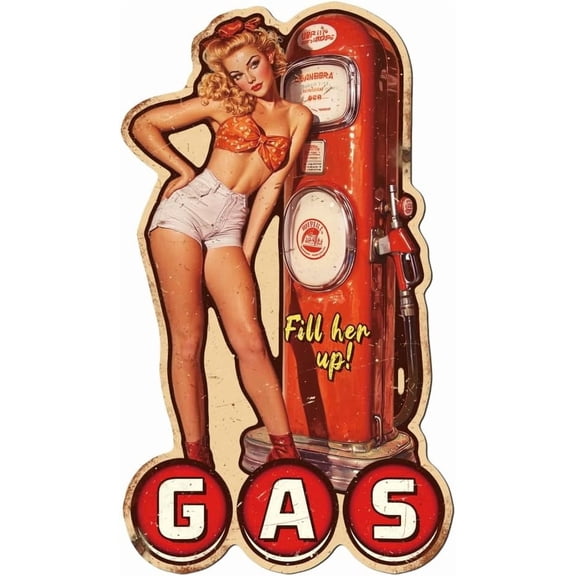 Vintage Gas Station Pin Up Women Metal Tin Sign 15x8.7 Inch Funny Retro Garage Bar Club Home Tin Sign Full Hen Up Garage Sexy Woman Wall Art Poster Plaque Decor