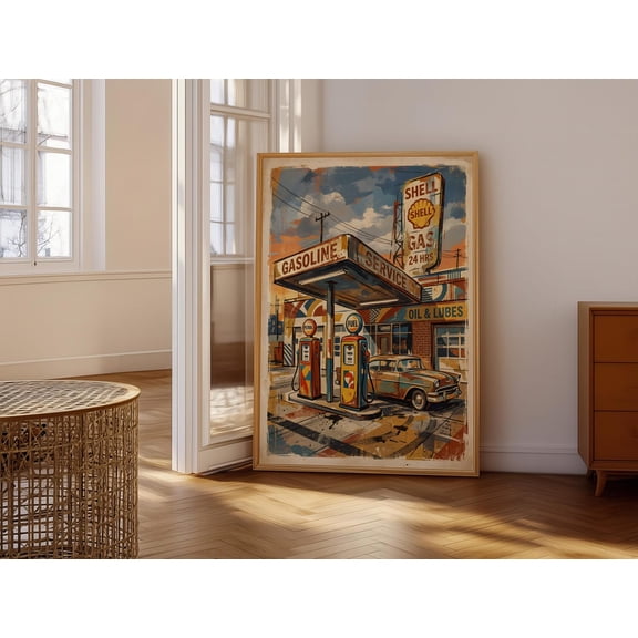Vintage Gas Station Wall Art Retro Car and Gasoline Pump Artwork Nostalgic 1950s Automotive Decor for Home Office Spaces