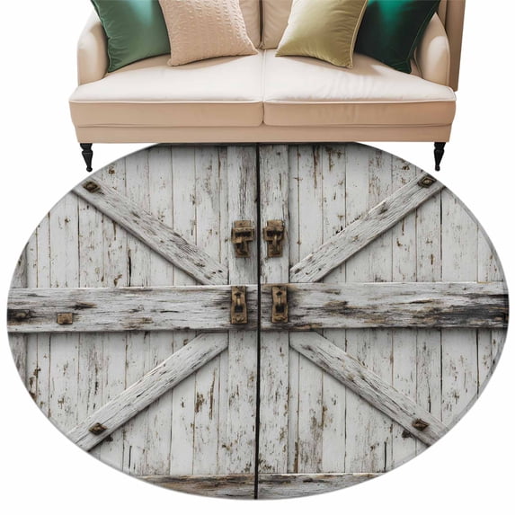 Vintage Gate Round Area Rugs Collection 7', Farmhouse Wooden Grain Shabby Chic Door Non Slip Indoor Circular Throw Runner Rug Floor Mat Carpet for Living Room Dining Table Bedroom Nursery