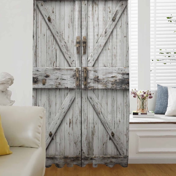 Vintage Gate Sheer Curtains 45 Inches Long for Living Room/Bedroom, Farmhouse Wooden Grain Shabby Chic Door Rod Pocket Voile Kitchen Curtains & Drapes Window Treatment 1 Panel, 52"W x 45"L