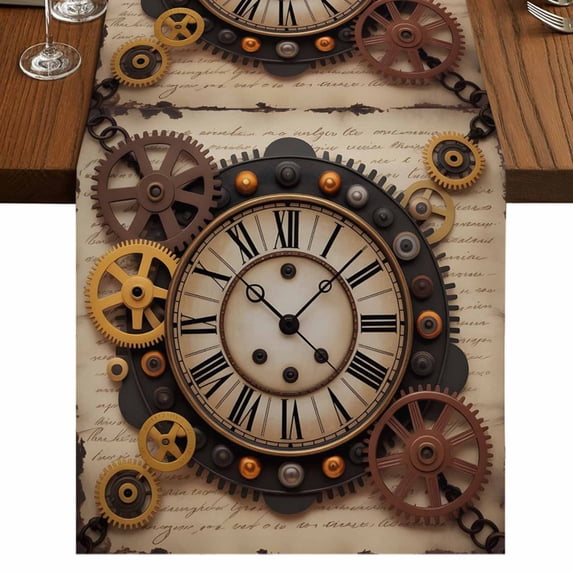 Retro Table Clock Image Vintage Gear Clocks Table Runner 36 Inches Long, Cotton Linen Table ...