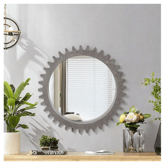 Vintage Gear Wall Mirror 26x26, Round Decorative Mirror for Bathroom, Living Room, Entryway, Antique Brown Wood Frame