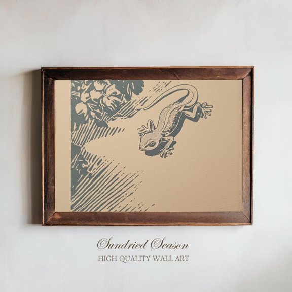 Vintage Gecko Wall Art Tribal Reptile Drawing Primitive Rustic Gecko Poster, Unframed Canvas 24x36in