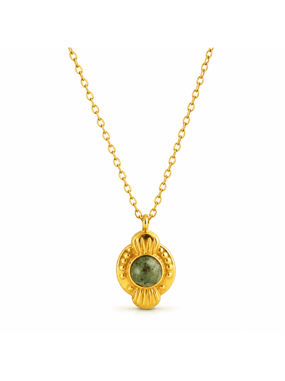 Vintage Gemstone Pendant Necklace for Women, Goldtone Geometric Necklace with Green Stone Inspired Designs, Elegant Jewelry Gift for Female Everyday Wear